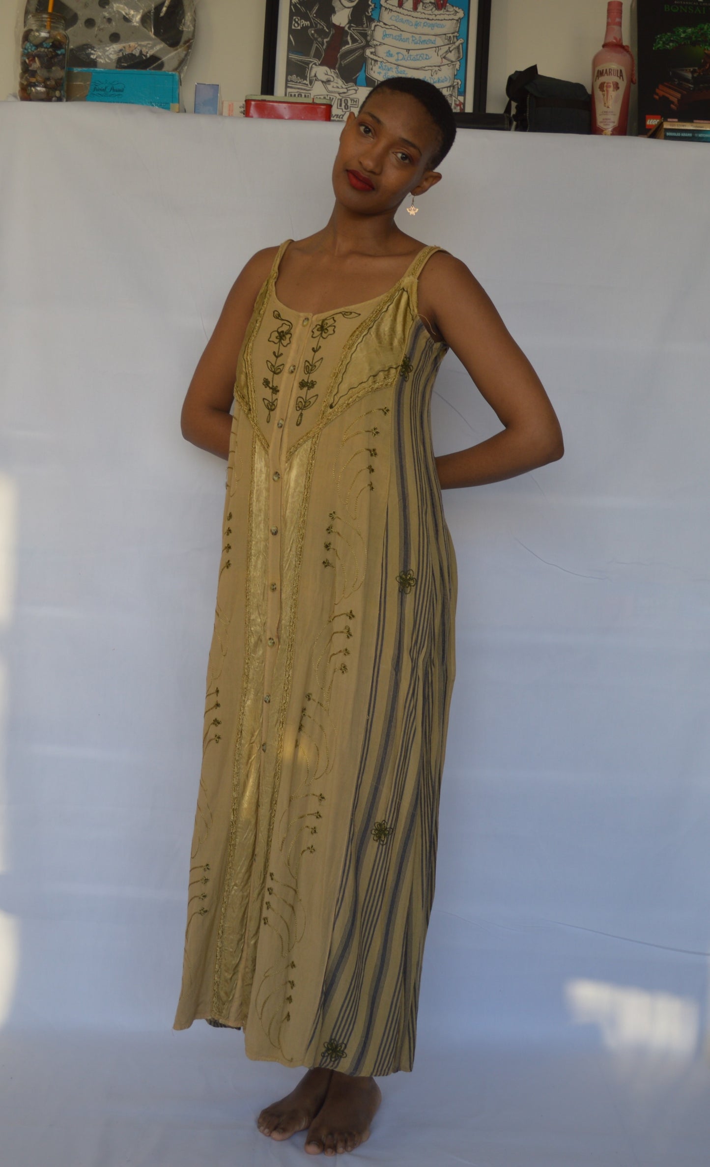 Embroidered Brown and Blue Maxi Dress