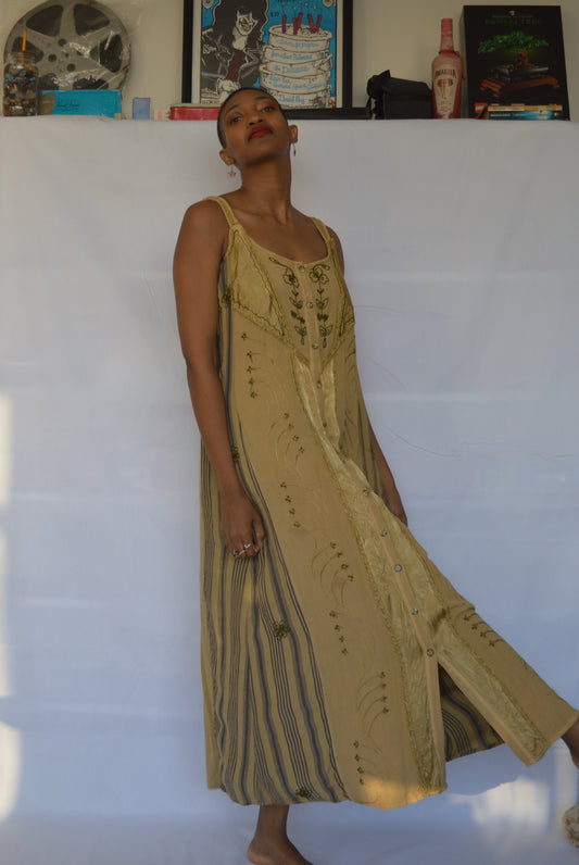 Embroidered Brown and Blue Maxi Dress